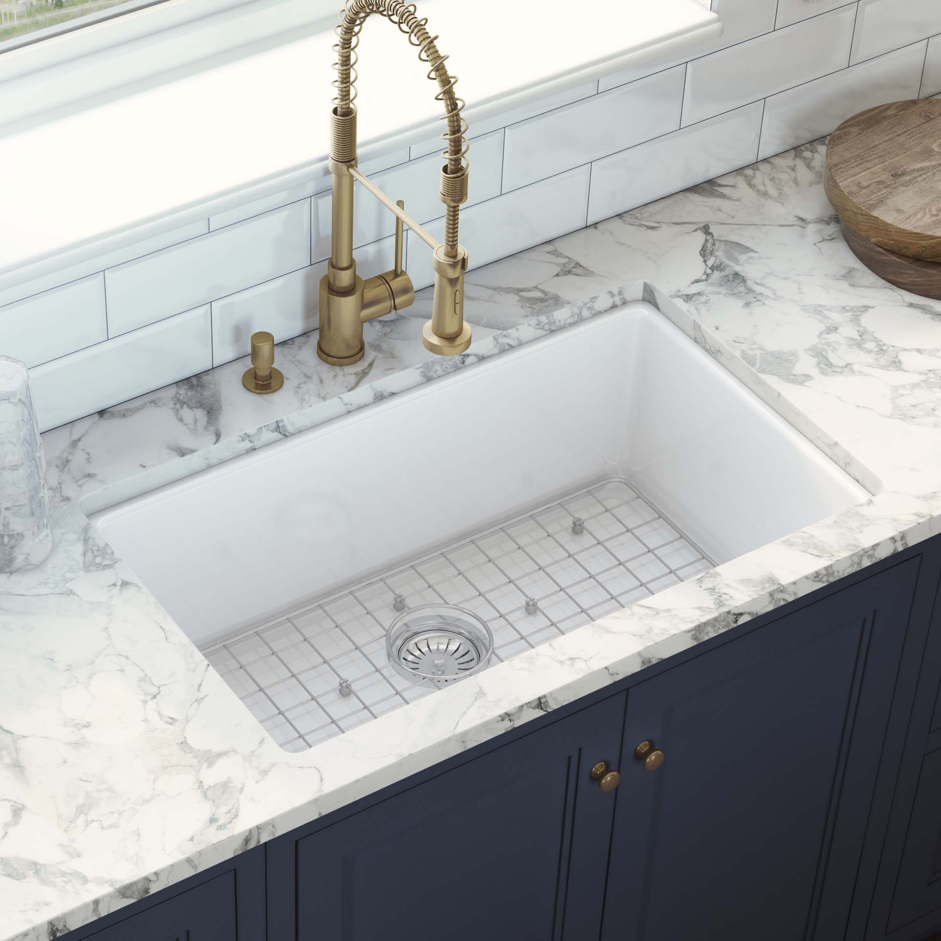 27 x 19" White Fireclay Dual Mount Single Bowl Kitchen Sink with Grid and Strainer, FC-2719-S - Image 4