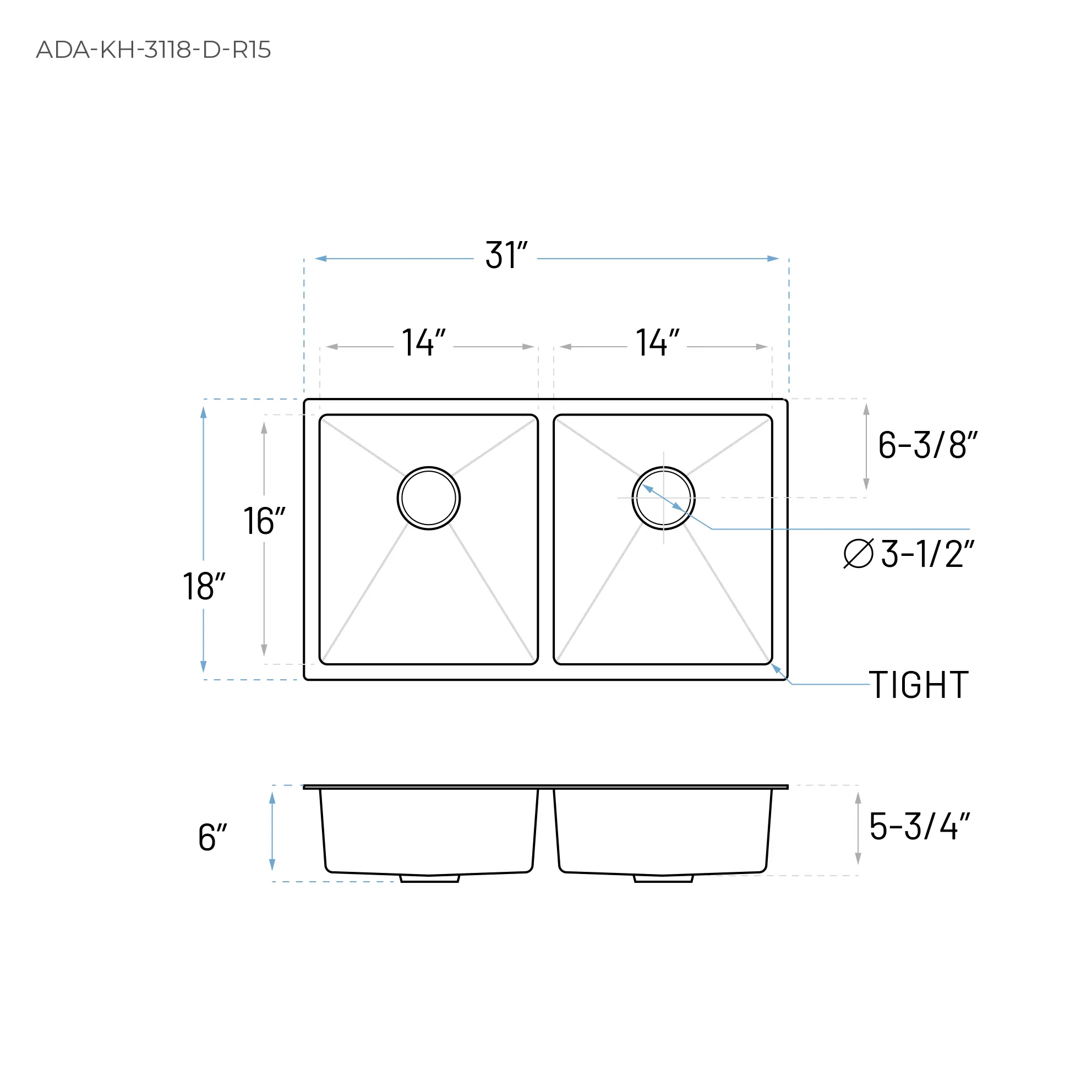 31" Undermount Double Bowl Stainless Steel ADA Kitchen Sink, ADA-KH-3118-D-R15 - Image 6