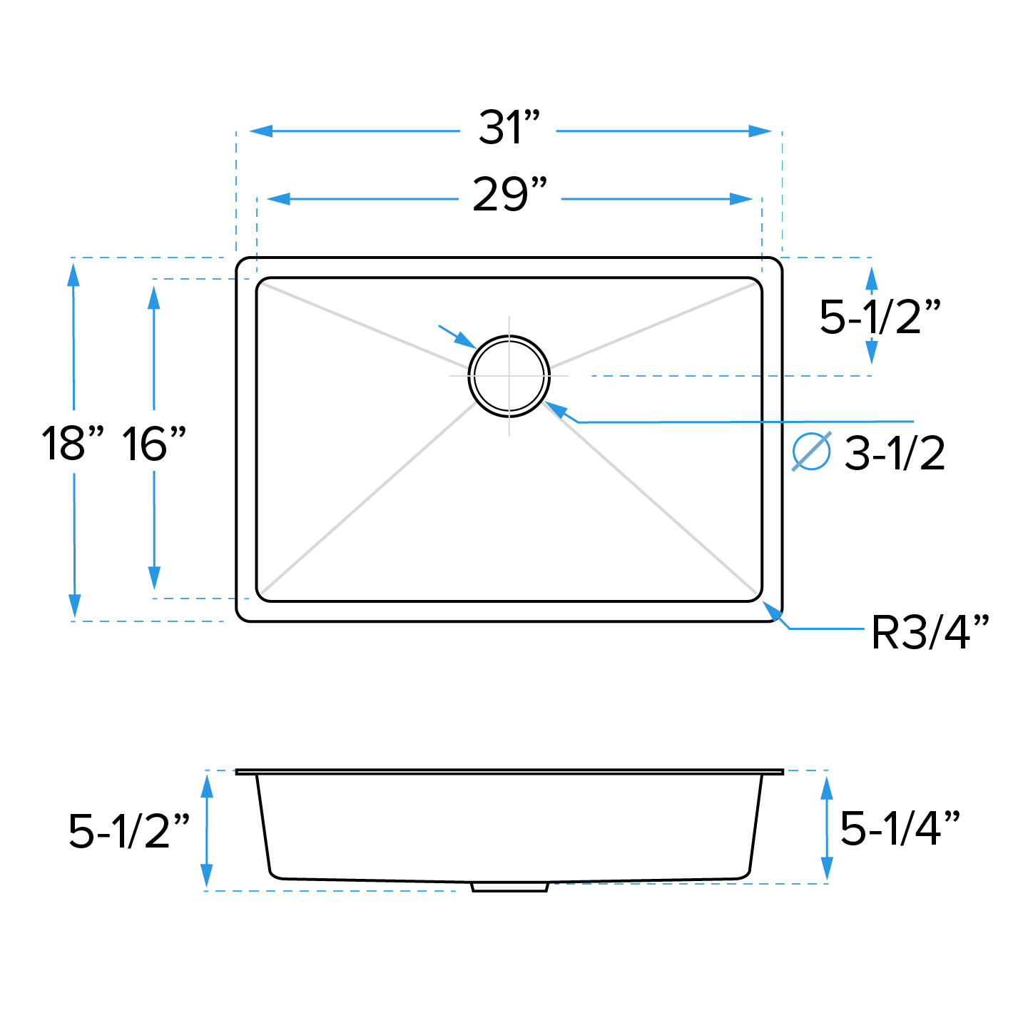 31" Undermount Stainless Steel Single Bowl ADA-Compliant Kitchen Sink, ADA-KH-3118-S-R20 - Image 5