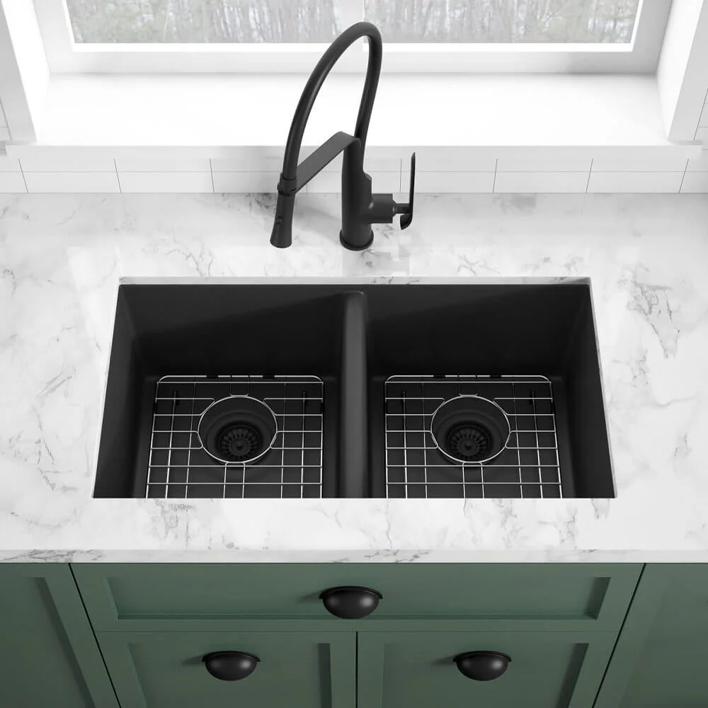 31" Undermount Granite Composite Double Bowl Black Kitchen Sink with Grids, GC-3118-10-D - Image 4