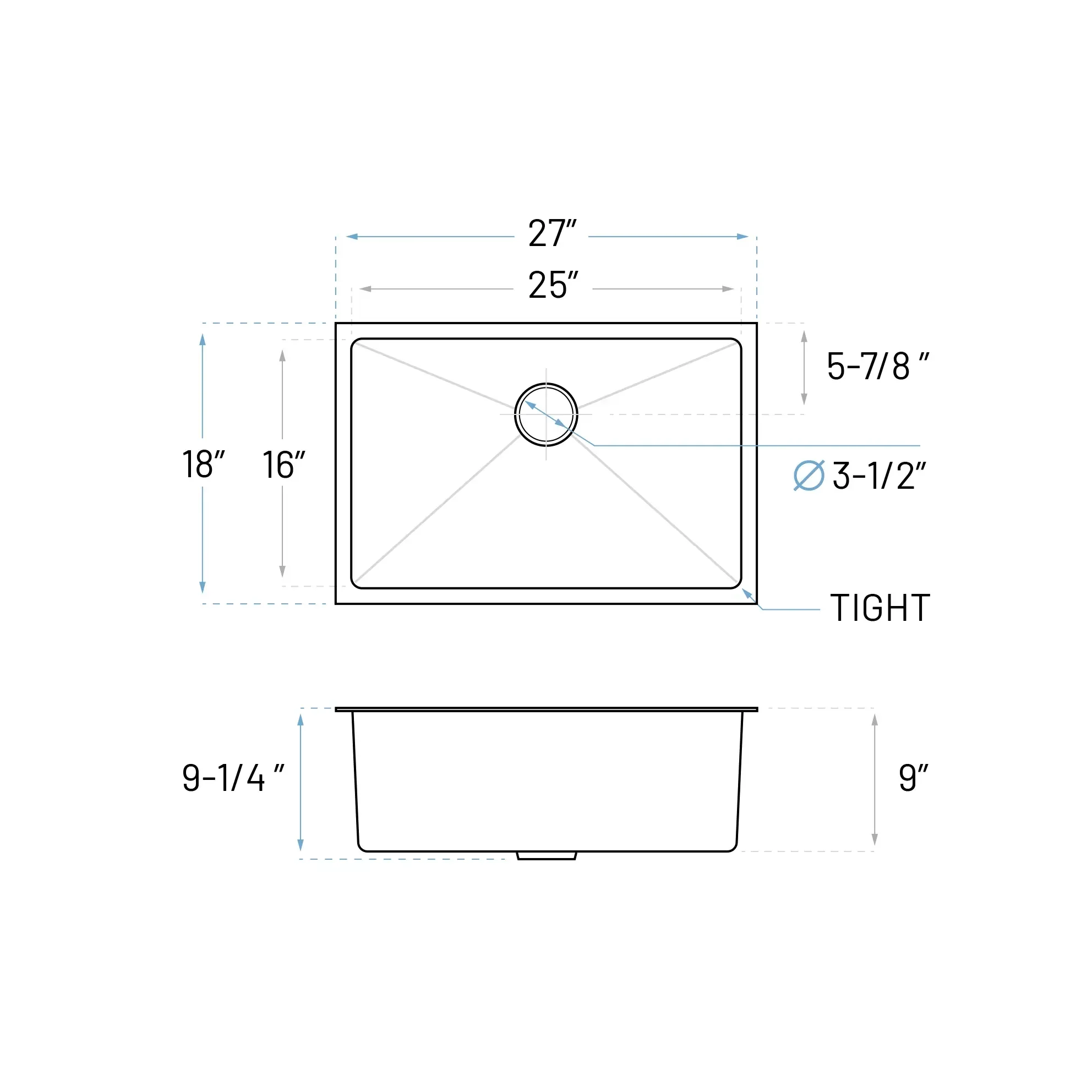 27" Standard Undermount Stainless Steel Single Bowl Kitchen Sink, KH-2718-9-S-R20 - Image 6