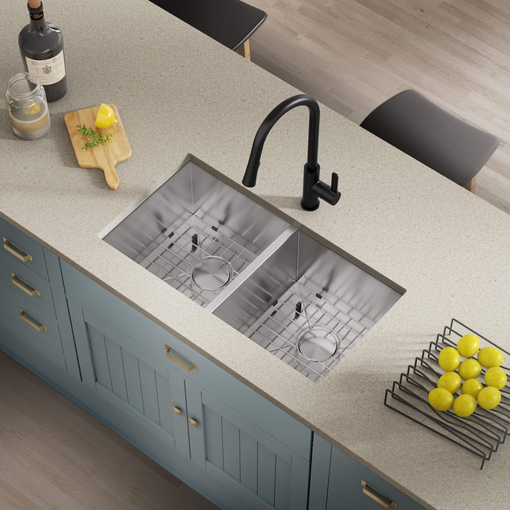 31" Zero Radius Undermount Double Bowl Stainless Steel Kitchen Sink, KH-3118-9-D-R0 - Image 3