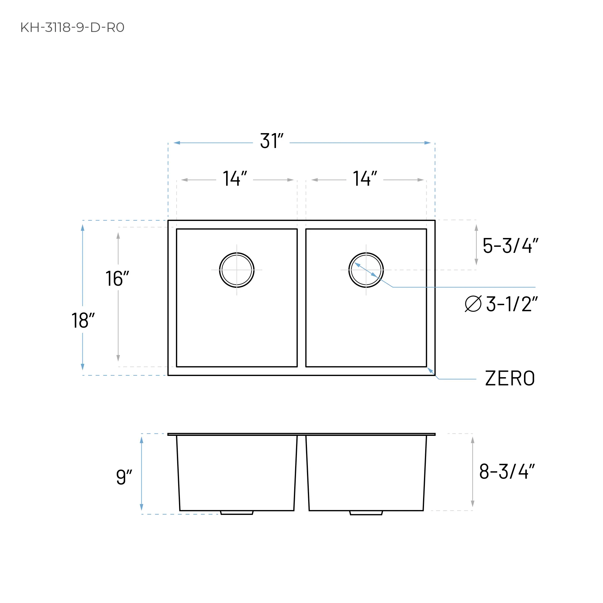 31" Zero Radius Undermount Double Bowl Stainless Steel Kitchen Sink, KH-3118-9-D-R0 - Image 8