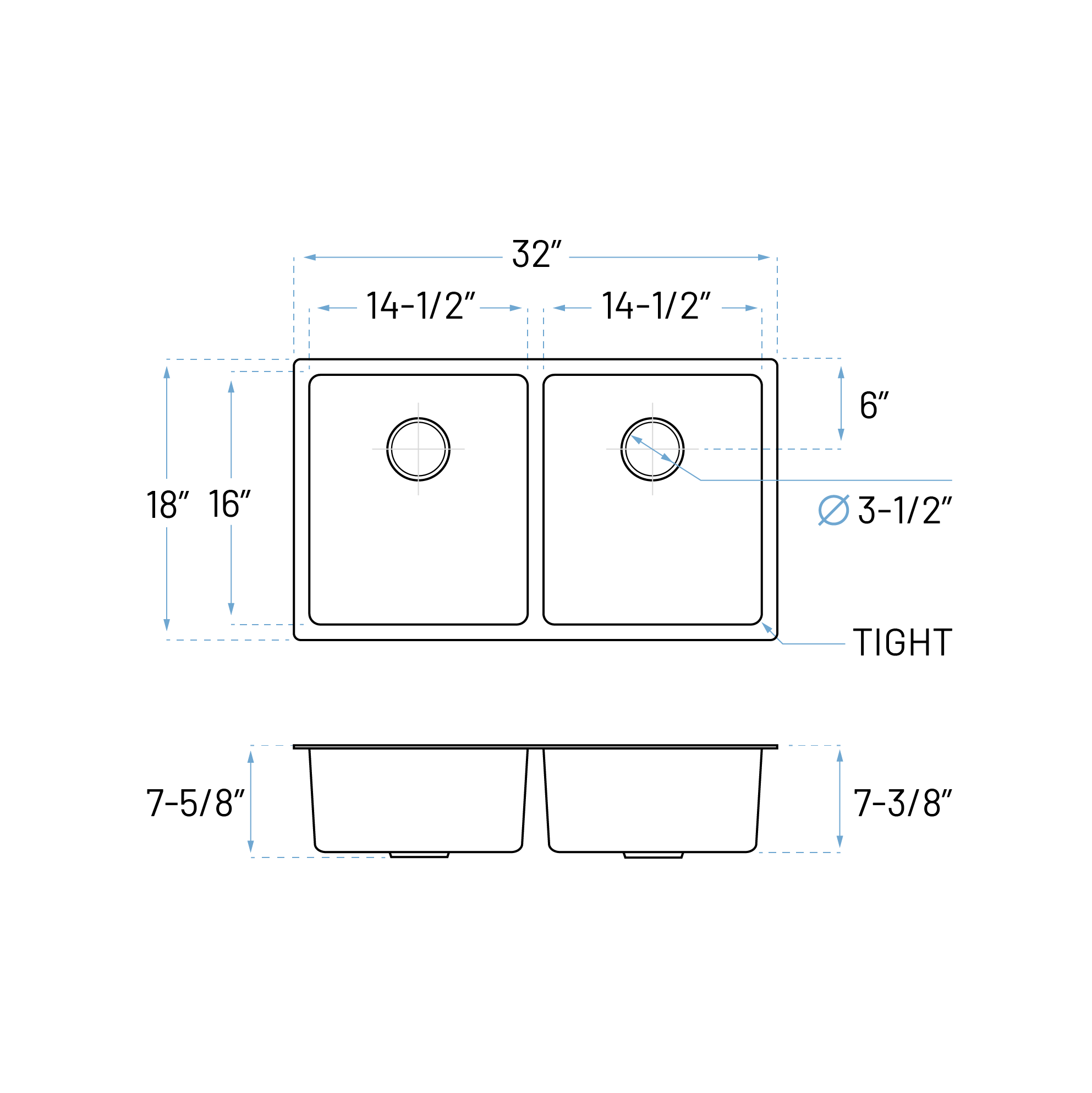 32" Extra-Large 7-Inch Deep Undermount Double Bowl Stainless Steel Kitchen Sink, KH-3218-7-D-R15 - Image 3