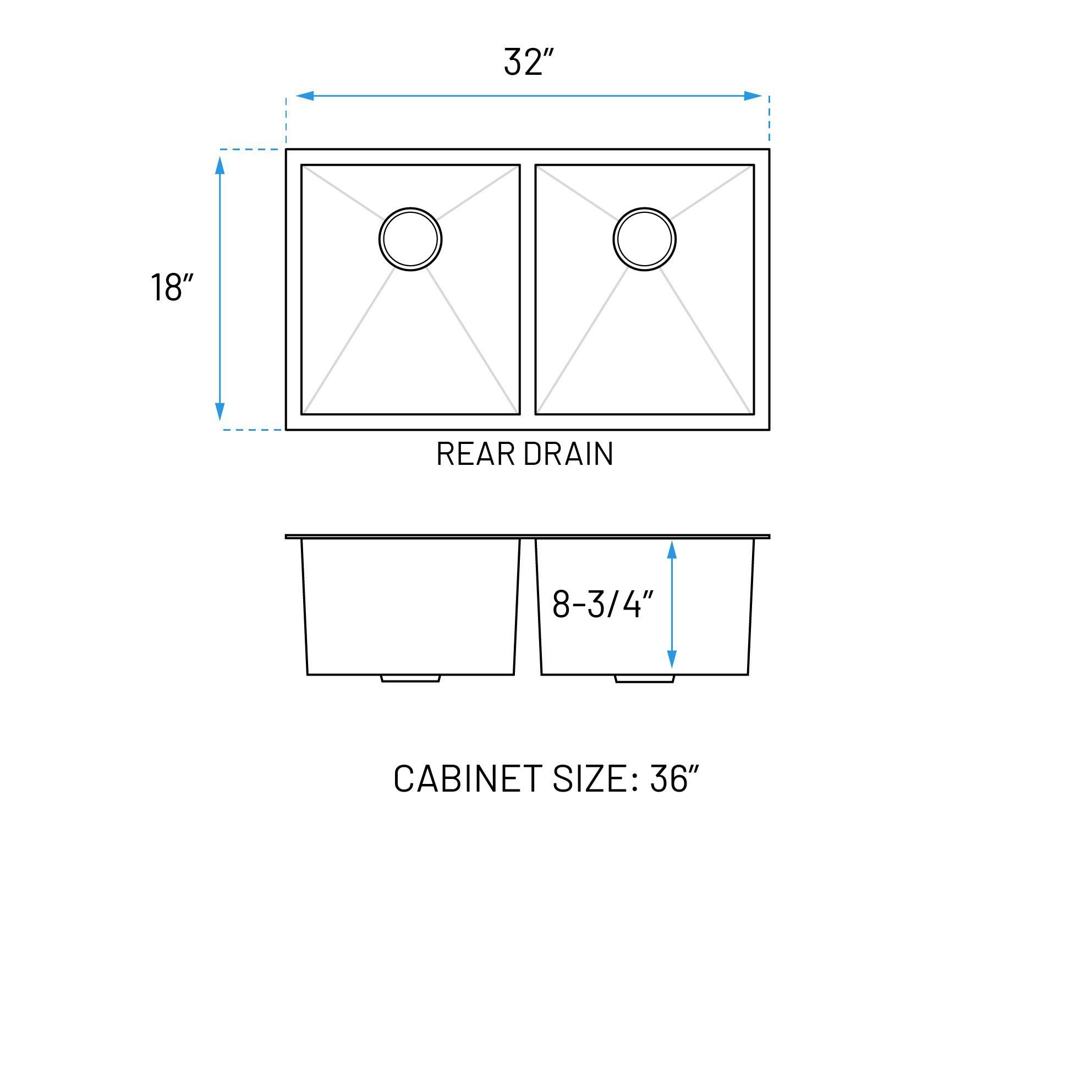 32" Large Zero Radius Undermount Double Bowl Stainless Steel Kitchen Sink, KH-3218-9-D-R0 - Image 2