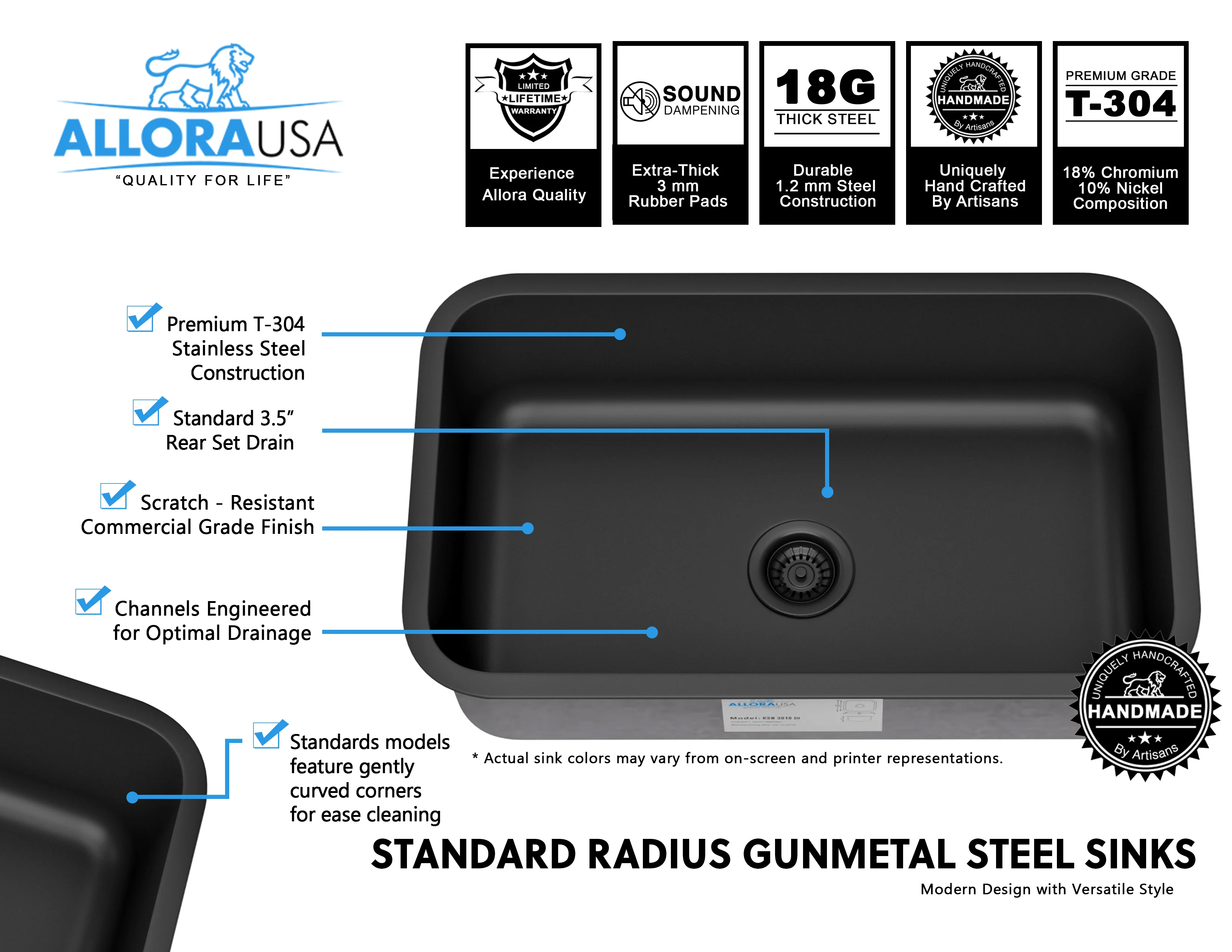 30" Undermount Gunmetal Stainless Steel Single Bowl Kitchen Sink, KSN-3018-9-S-GM - Image 5