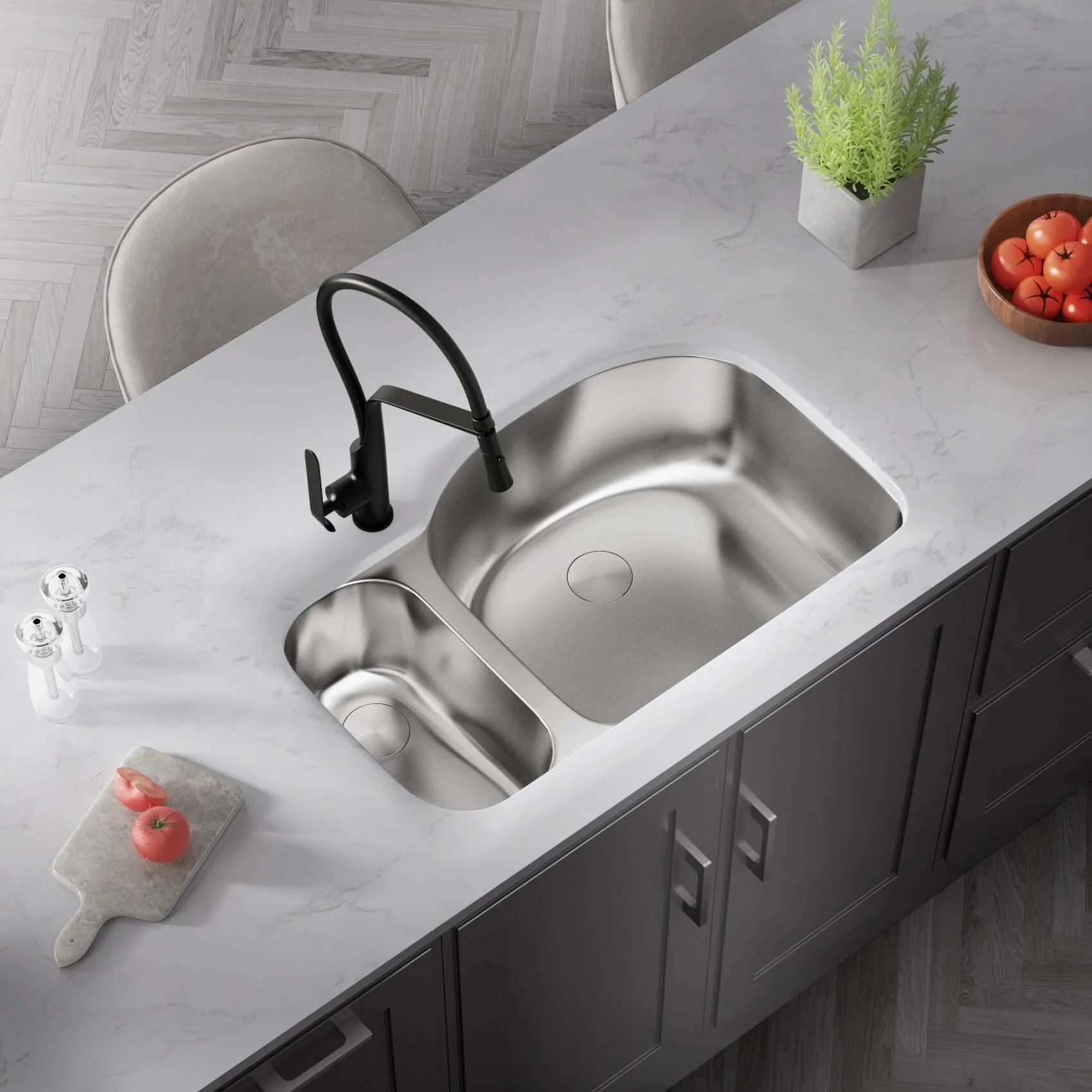 33" Undermount 20/80 Offset Double Bowl Stainless Steel Kitchen Sink, KSN-3321R - Image 3