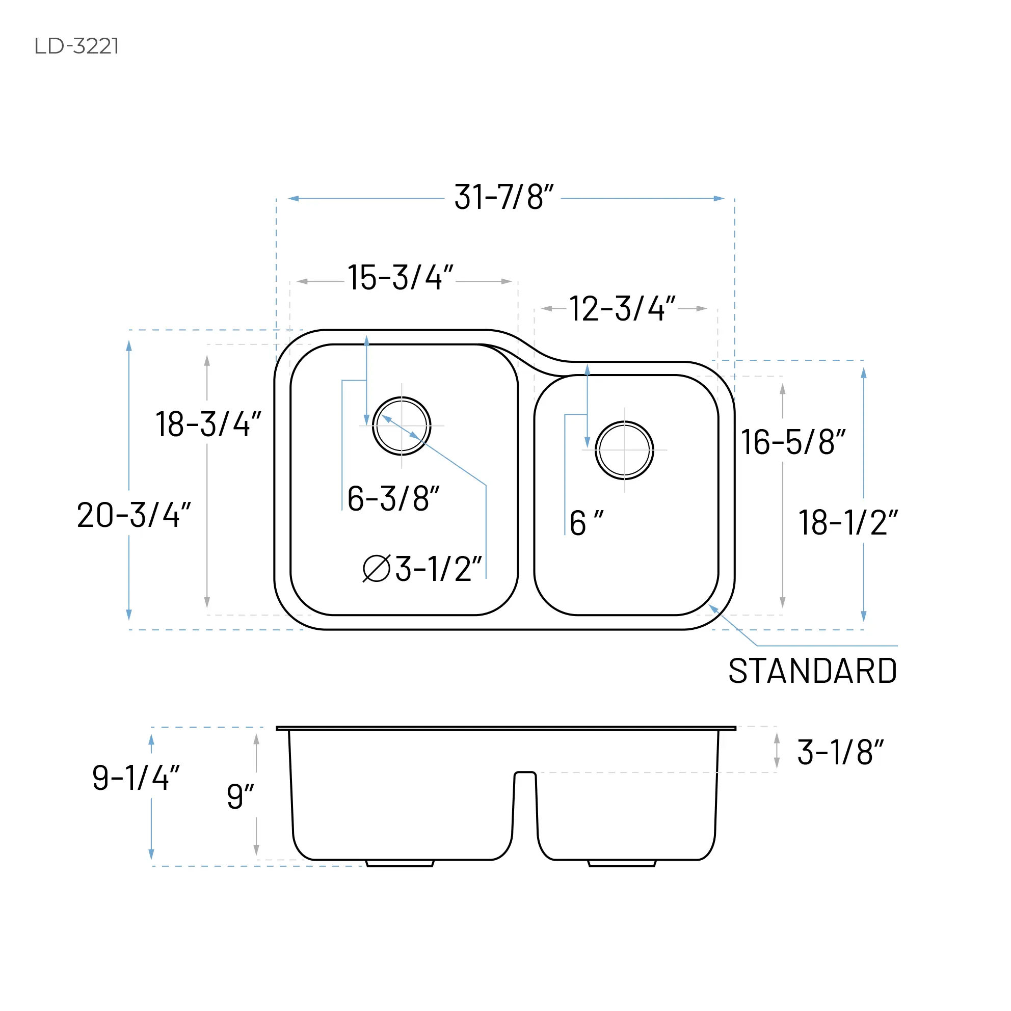 32" Low Divide Offset Undermount Stainless Steel Double Bowl Kitchen Sink, LD-3221 - Image 7
