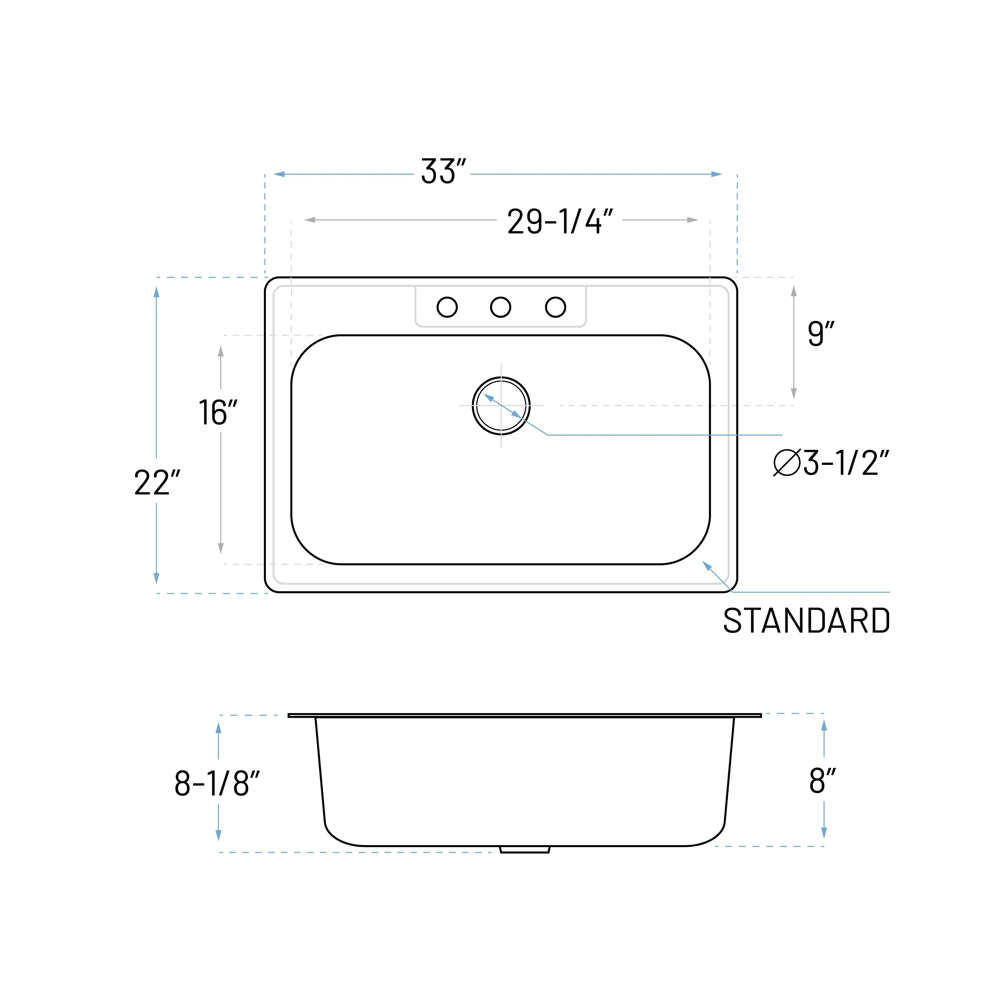 33" Top Mount Stainless Steel 3-Hole Single Bowl Kitchen Sink, TOP-3322-8-S - Image 5