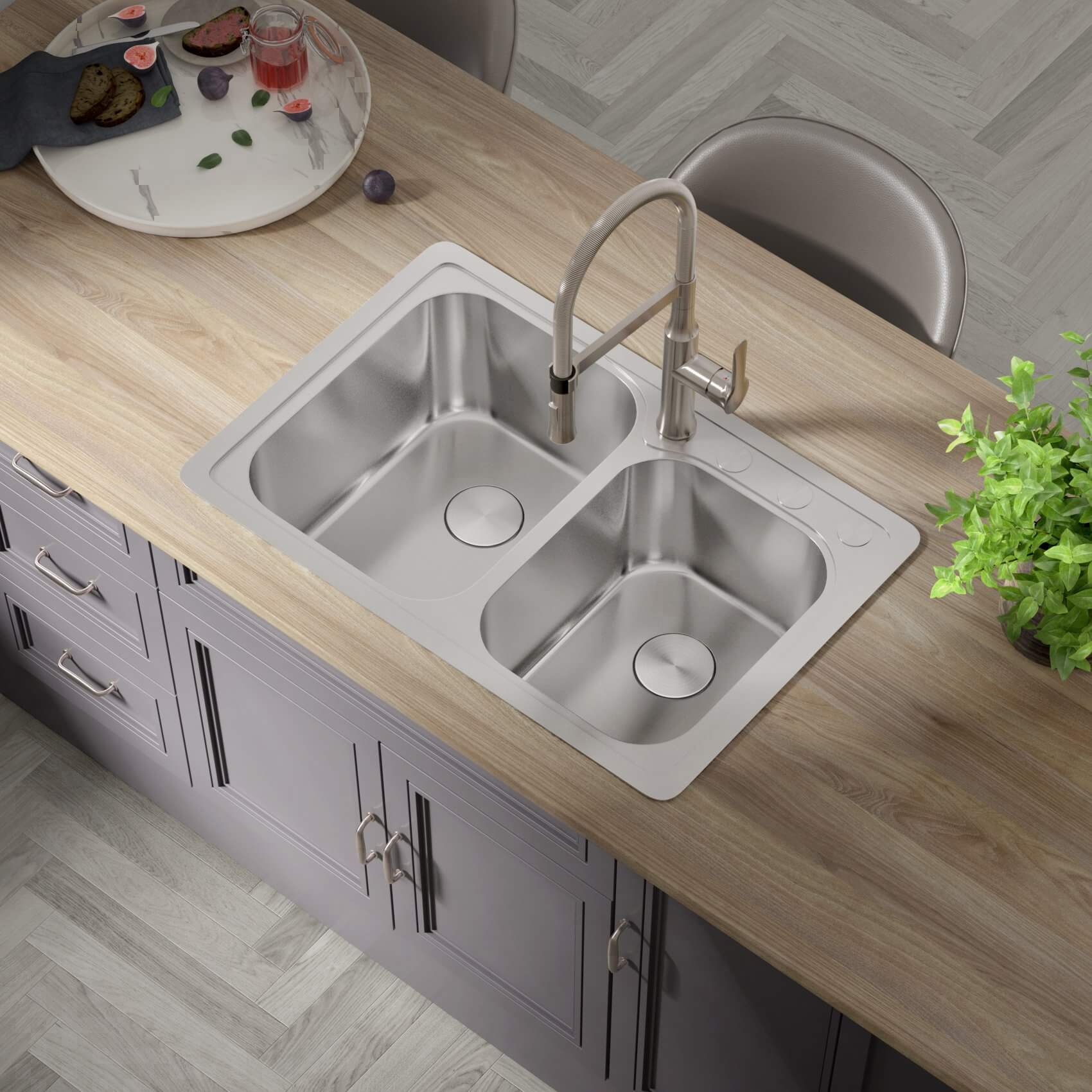 33" Top Mount Offset Double Bowl 4-Hole Stainless Steel Kitchen Sink, TOP-3322-9-D-22G - Image 4
